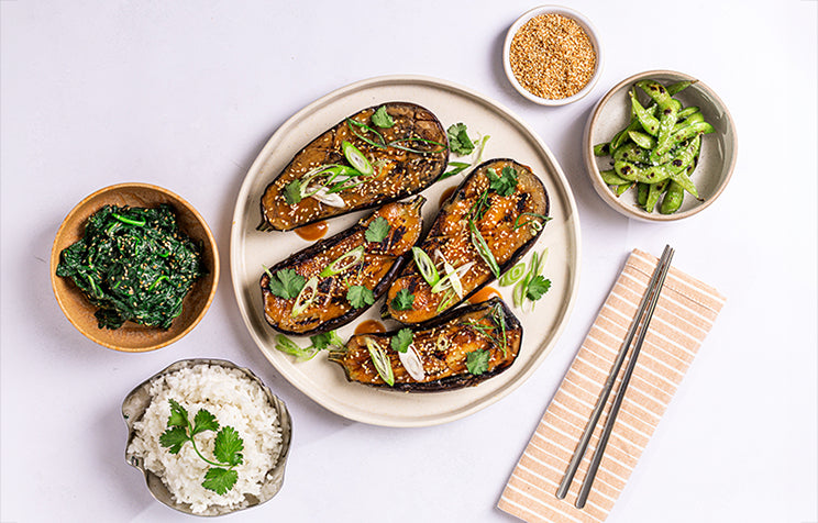 Miso Dengaku Aubergine with Steamed Rice & Sautéed Spinach