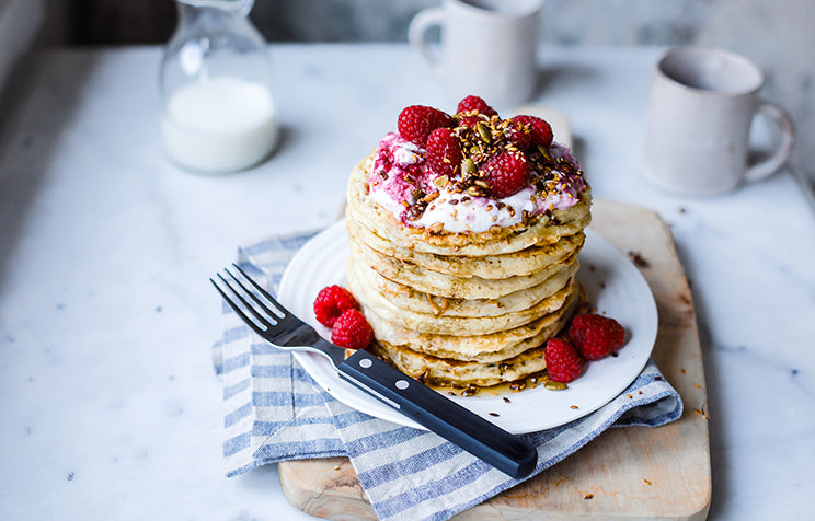 Buttermilk pancakes with raspberry parfait & maple roasted seeds