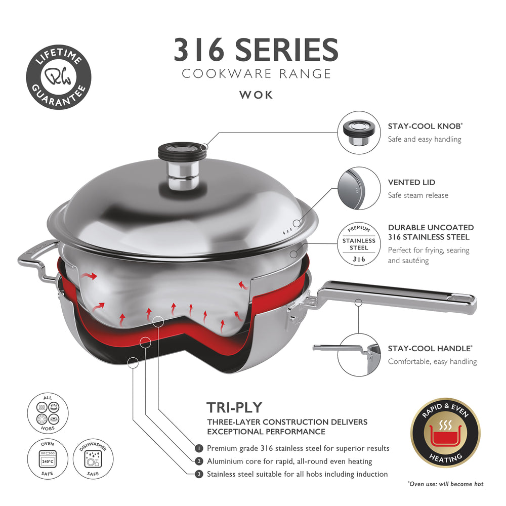 316 Series Cookware Wok with Lid 22cm