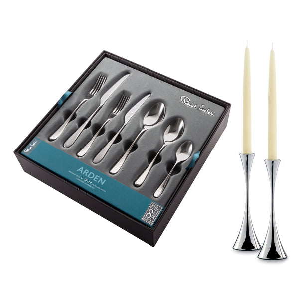 Arden Bright Cutlery Set, 56 Piece for 8 People - Includes 2 Arden Short Candlesticks