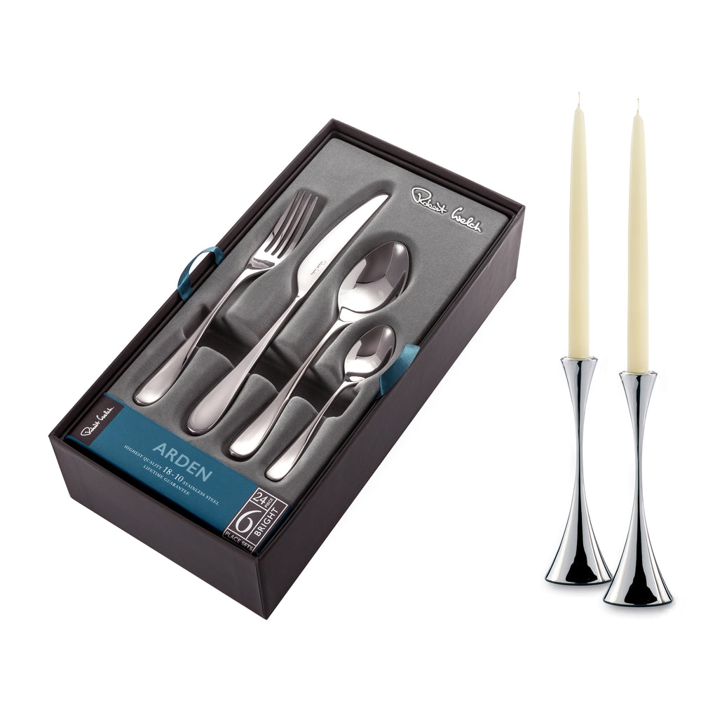 Arden Bright Cutlery Set, 24 Piece for 6 People - Includes 2 Arden Short Candlesticks