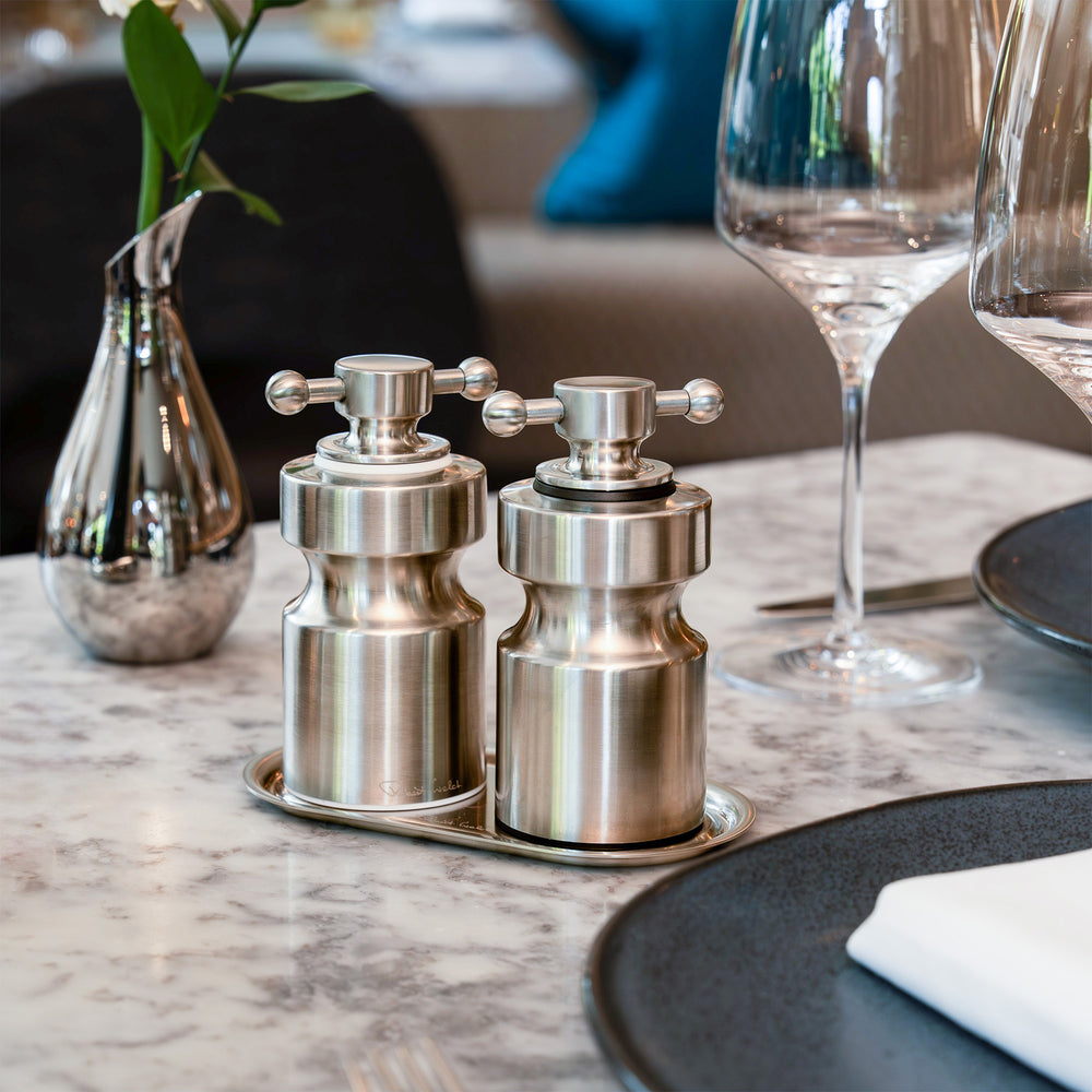 Hobart Satin Stainless Steel Small Mills and Tray Set