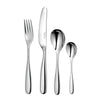 Set of stainless steel cutlery including a fork, knife, and two spoons on a white background.